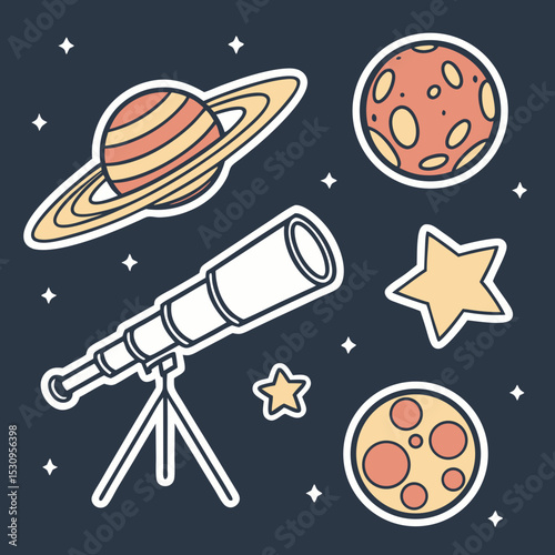 Set of pixel astronomical elements. Stickers or icons with solar system planets, comets, asteroids and star. Badges for video games and apps. Cartoon flat vector collection isolated on dark .