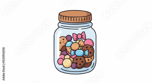 A jar of colorful treats with a glass jar and a brown lid. 