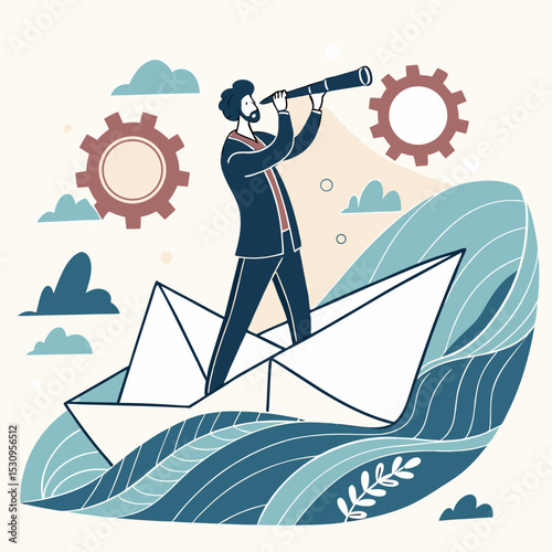 Vision of future concept. Man with telescope on paper boat in sea or ocean. Achievement and solution. Motivation and leadership, success. Planning and .