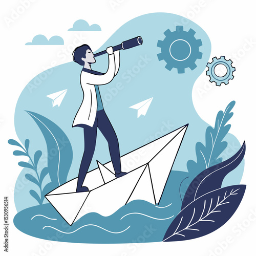 Vision of future concept. Man with telescope on paper boat in sea or ocean. Achievement and solution. Motivation and leadership, success. Planning and .