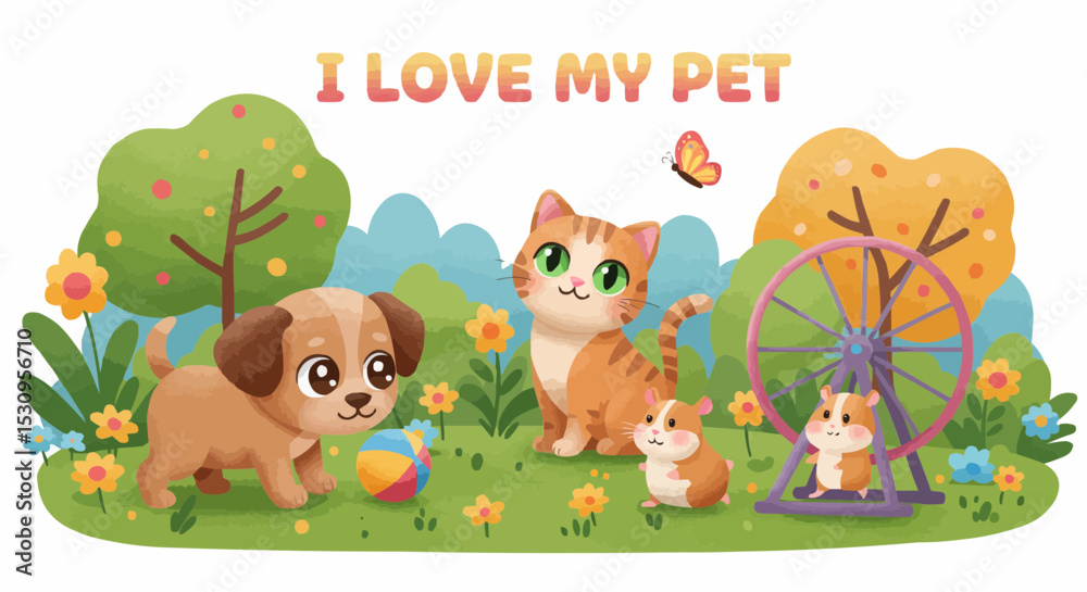 Fototapeta premium Adorable pets enjoying a sunny day in a colorful garden.