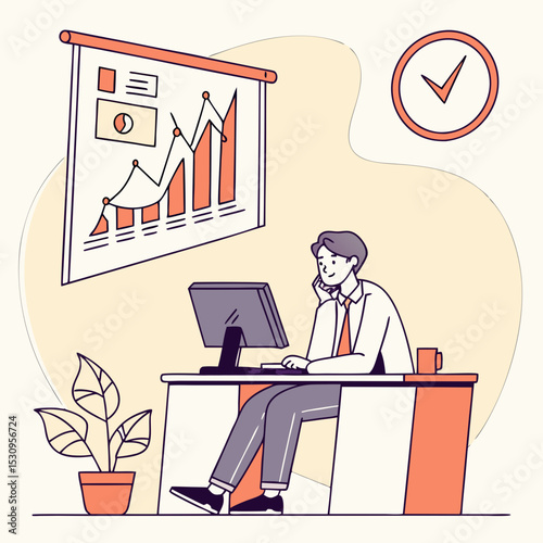 Office worker at desk. Moving banner with male accountant or CEO specialist working on computer, analyzing graphs and diagrams. Company employee in comfortable workspace. Flat animated cartoon .