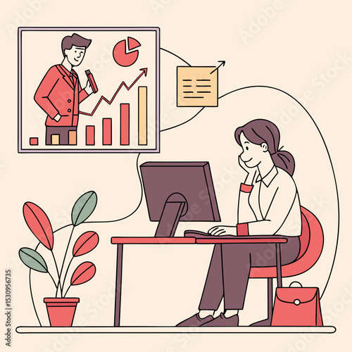 Office worker at desk. Moving banner with male accountant or CEO specialist working on computer, analyzing graphs and diagrams. Company employee in comfortable workspace. Flat animated cartoon .