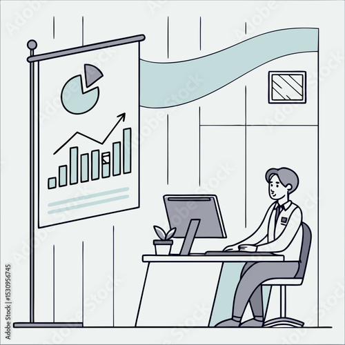 Office worker at desk. Moving banner with male accountant or CEO specialist working on computer, analyzing graphs and diagrams. Company employee in comfortable workspace. Flat animated cartoon .