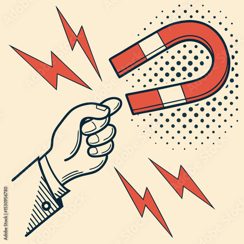 Poster in halftone style. Abstract banner with realistic hand holding magnet. Digital marketing to attract audience and finance. Internet promotion and advertising. Flat doodle vector .