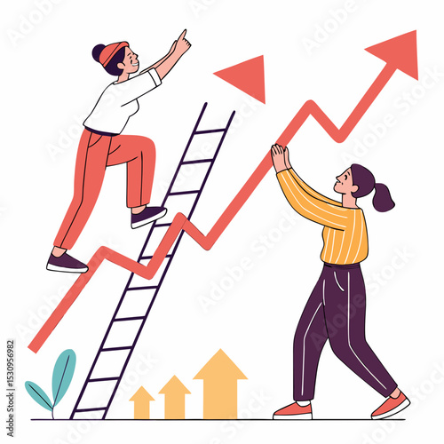 Career growth concept. People with rised arrow. Motivation and aspiration, planning. Colleagues and partners work at common project. Cartoon flat vector illustration isolated on white .