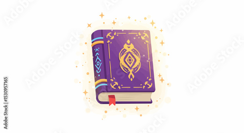An enchanted book with intricate golden details and a red bookmark.