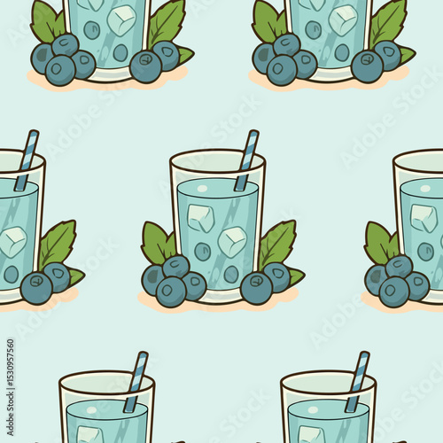 Pattern with berry smoothies in clear glasses and fruits near the glasses, for various summer designs