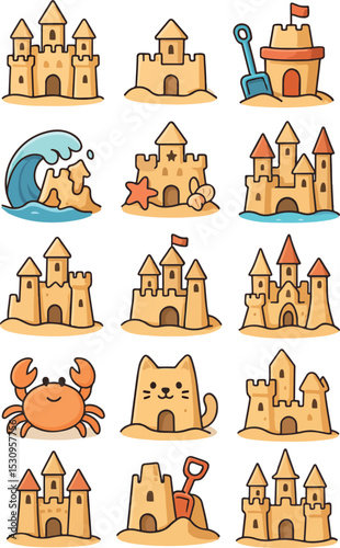 set of icons with various sandcastles of different shapes and sizes, for various summer designs