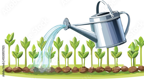 Watering Can Pouring Water onto Small Green Sprout