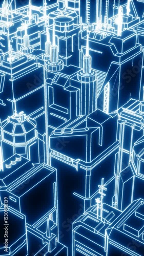 Retro Futuristic cityscape seamless vertical video with neon wireframe effect. Smart city concept.