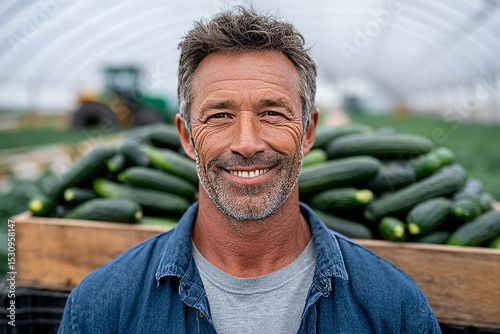 Cultivator of the land carrying a crate of fresh vegetables in a grown field