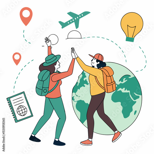 Two travelers with backpacks high-fiving near a globe. Passport, plane, map pin, and lightbulb icons surround them. Creative travel concept. Vector .
