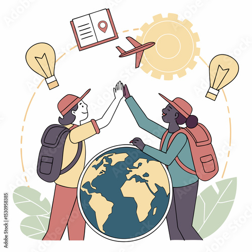 Two travelers with backpacks high-fiving near a globe. Passport, plane, map pin, and lightbulb icons surround them. Creative travel concept. Vector .