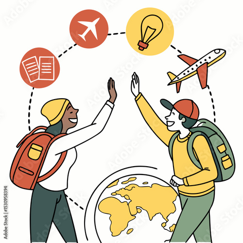 Two travelers with backpacks high-fiving near a globe. Passport, plane, map pin, and lightbulb icons surround them. Creative travel concept. Vector .