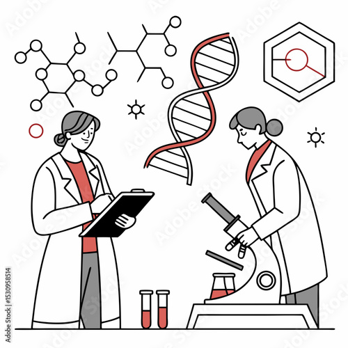 Two scientists in a laboratory setting with DNA diagrams, microscope, and test tubes on a white background. Concept of genetics and research. Flat line art vector .