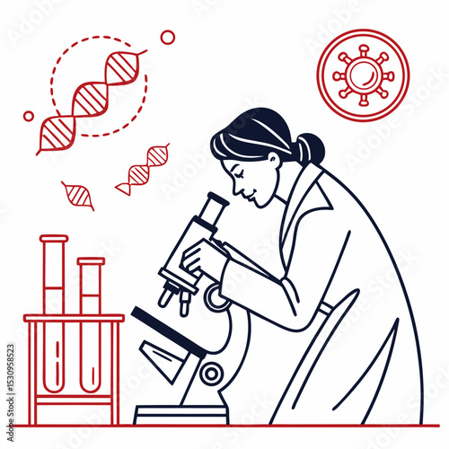 Scientist in a lab with a microscope, test tubes, and flasks. Minimalist style, white background. Concept of scientific research and innovation. Flat line art vector .