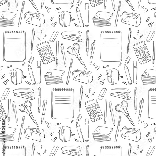 School and Office Supplies Seamless Pattern. Back to School Stationery Kit. Line Vector Illustrations. Background