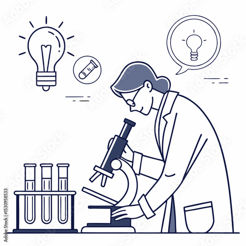 Scientist in a lab with a microscope, test tubes, and flasks. Minimalist style, white background. Concept of scientific research and innovation. Flat line art vector .