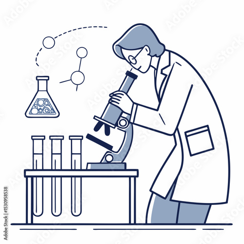 Scientist in a lab with a microscope, test tubes, and flasks. Minimalist style, white background. Concept of scientific research and innovation. Flat line art vector .