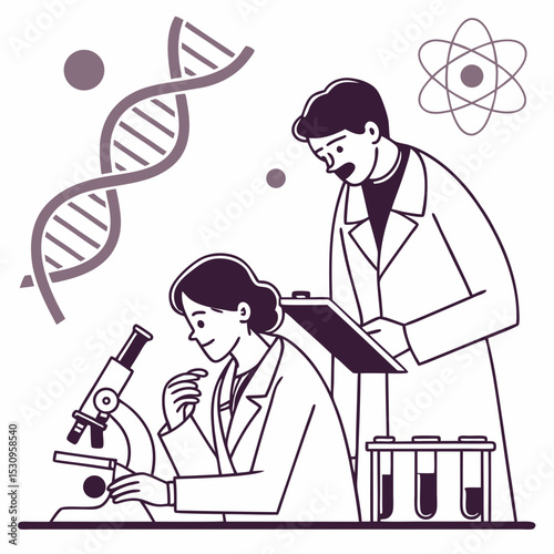 Two scientists in a laboratory setting with DNA diagrams, microscope, and test tubes on a white background. Concept of genetics and research. Flat line art vector .