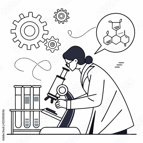 Scientist in a lab with a microscope, test tubes, and flasks. Minimalist style, white background. Concept of scientific research and innovation. Flat line art vector .