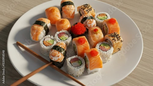 Sushi Sampler on Plate: A delectable assortment of sushi rolls, nigiri, and maki arranged artfully on a pristine white plate, complemented by a pair of chopsticks, tantalizing the taste buds.