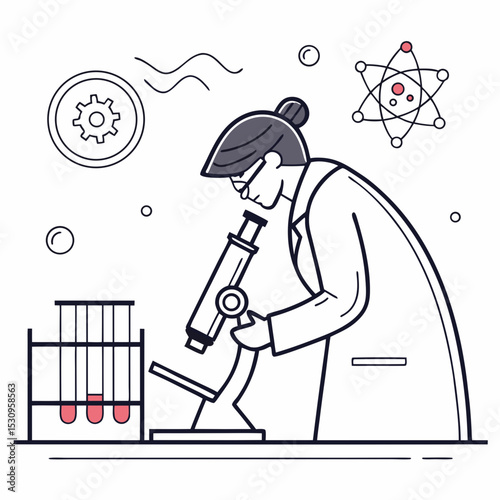 Scientist in a lab with a microscope, test tubes, and flasks. Minimalist style, white background. Concept of scientific research and innovation. Flat line art vector .