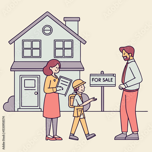 People with home insurance concept. Family with realtor near private property. Parents with kid near real estate. Agreement, deal and contract, document. Cartoon flat vector .
