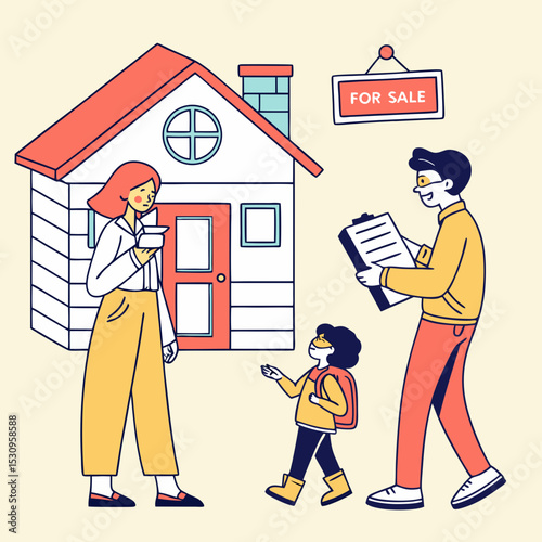 People with home insurance concept. Family with realtor near private property. Parents with kid near real estate. Agreement, deal and contract, document. Cartoon flat vector .