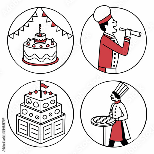 Event planning line icons set. Symbols with party invitation, birthday cake, buffet and ceremonial outfits. Holiday organization. Outline vector illustration collection isolated on white .