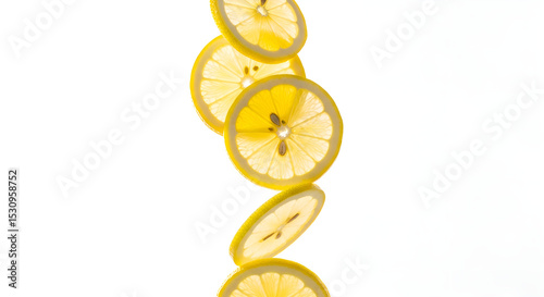Thin lemon slices suspended in mid-air on a white background vertically— minimal citrus freshness composition