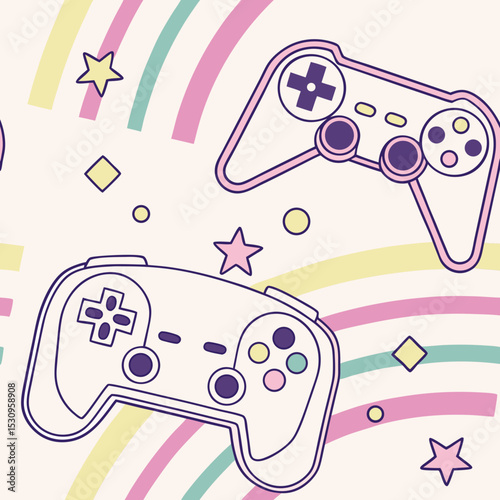 Game seamless pattern. Repeating design element for printing on fabric. Bright and neon controllers set. Minimalist creativity and art. Video game and .