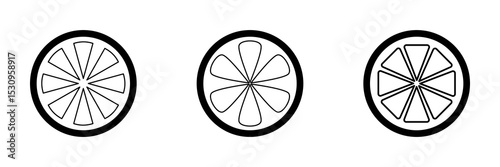 Citrus Fruit Slice Icons – Outline, Color, and Silhouette Versions. The set includes a black outline version, a vibrant yellow filled version, and a solid black silhouette. vector illustration
