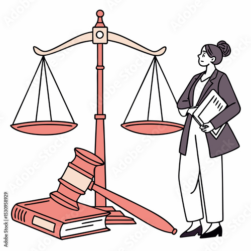 Female lawyer concept. Woman at background of scales and judge gavel. Jurispridence and law. Legal support of deals and agreements. Cartoon flat vector illustration isolated on white .