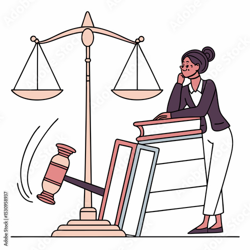 Female lawyer concept. Woman at background of scales and judge gavel. Jurispridence and law. Legal support of deals and agreements. Cartoon flat vector illustration isolated on white .