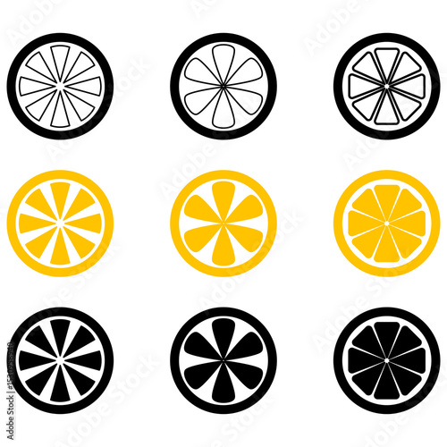 Citrus Fruit Slice Icons – Outline, Color, and Silhouette Versions. The set includes a black outline version, a vibrant yellow filled version, and a solid black silhouette. vector illustration.