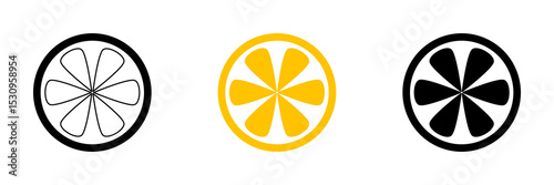 Citrus Fruit Slice Icons – Outline, Color, and Silhouette Versions. The set includes a black outline version, a vibrant yellow filled version, and a solid black silhouette. vector illustration.
