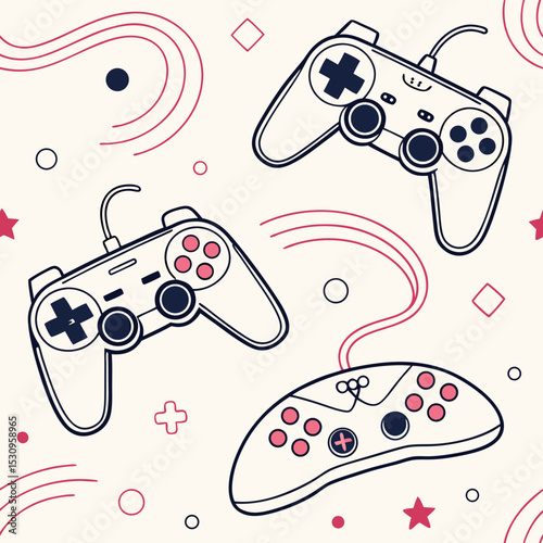 Game seamless pattern. Repeating design element for printing on fabric. Bright and neon controllers set. Minimalist creativity and art. Video game and .