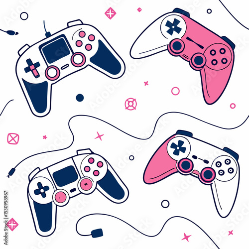 Game seamless pattern. Repeating design element for printing on fabric. Bright and neon controllers set. Minimalist creativity and art. Video game and .