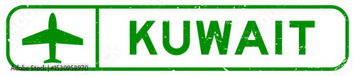 Grunge green kuwait word with plane icon square rubber seal stamp on white background