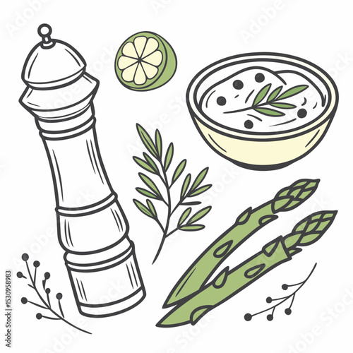 Minimalist vector illustration featuring a lemon slice, pepper grinder, asparagus, sour cream bowl, and herbs. Perfect for culinary and healthy food-themed .