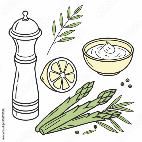 Minimalist vector illustration featuring a lemon slice, pepper grinder, asparagus, sour cream bowl, and herbs. Perfect for culinary and healthy food-themed .