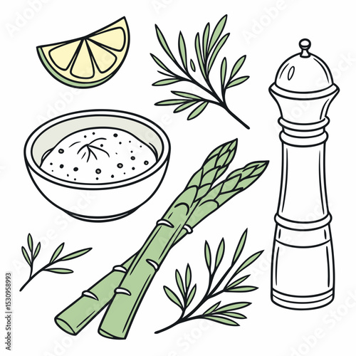 Minimalist vector illustration featuring a lemon slice, pepper grinder, asparagus, sour cream bowl, and herbs. Perfect for culinary and healthy food-themed .