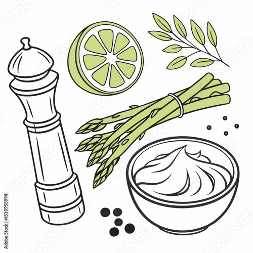 Minimalist vector illustration featuring a lemon slice, pepper grinder, asparagus, sour cream bowl, and herbs. Perfect for culinary and healthy food-themed .