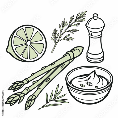 Minimalist vector illustration featuring a lemon slice, pepper grinder, asparagus, sour cream bowl, and herbs. Perfect for culinary and healthy food-themed .