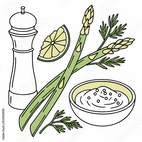 Minimalist vector illustration featuring a lemon slice, pepper grinder, asparagus, sour cream bowl, and herbs. Perfect for culinary and healthy food-themed .