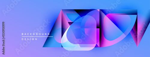 Abstract geometric shapes overlap, creating vibrant blue, pink gradients. Modern design elements suggest technology, innovation. Smooth transitions define composition.