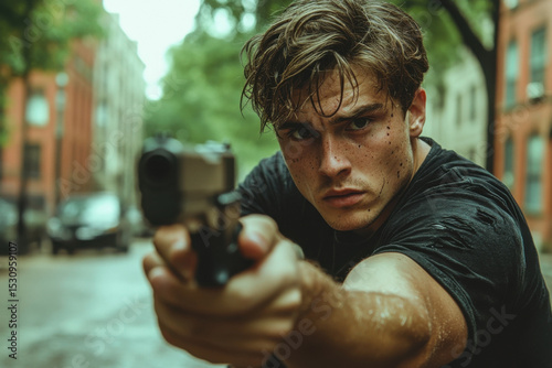 Portrait of a young man shooting a hand gun outdoors, close-up.