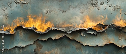 Flames creeping along a rusted metal surface